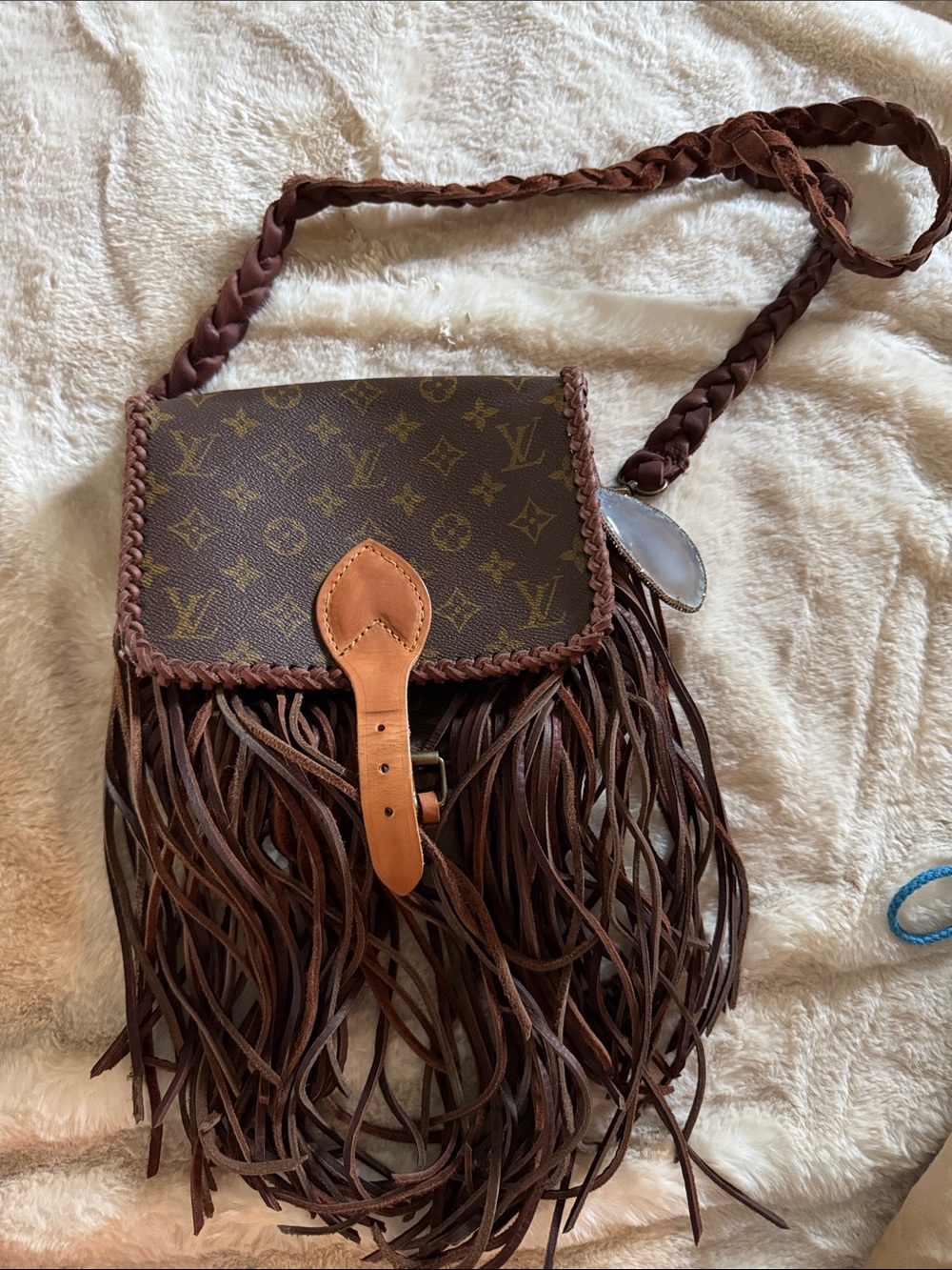 Louis Vuitton Brown Monogram Fringe Crossbody with Tan Strap Detail
